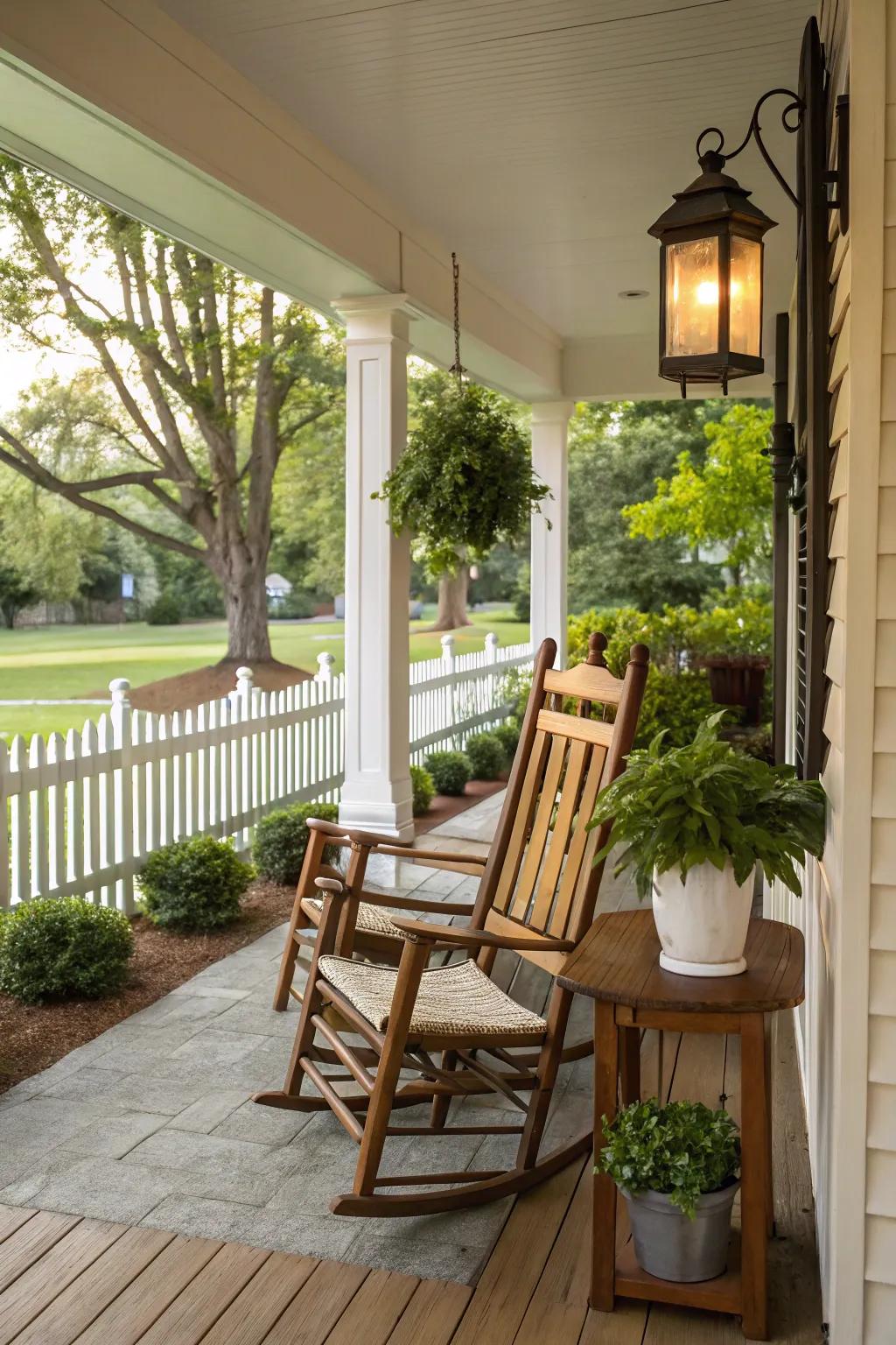 Quintessential timber oscillating chairs grace a front porch.