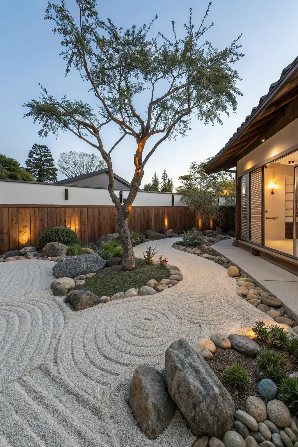 A Zen garden offers a peaceful and contemplative space around your tree.