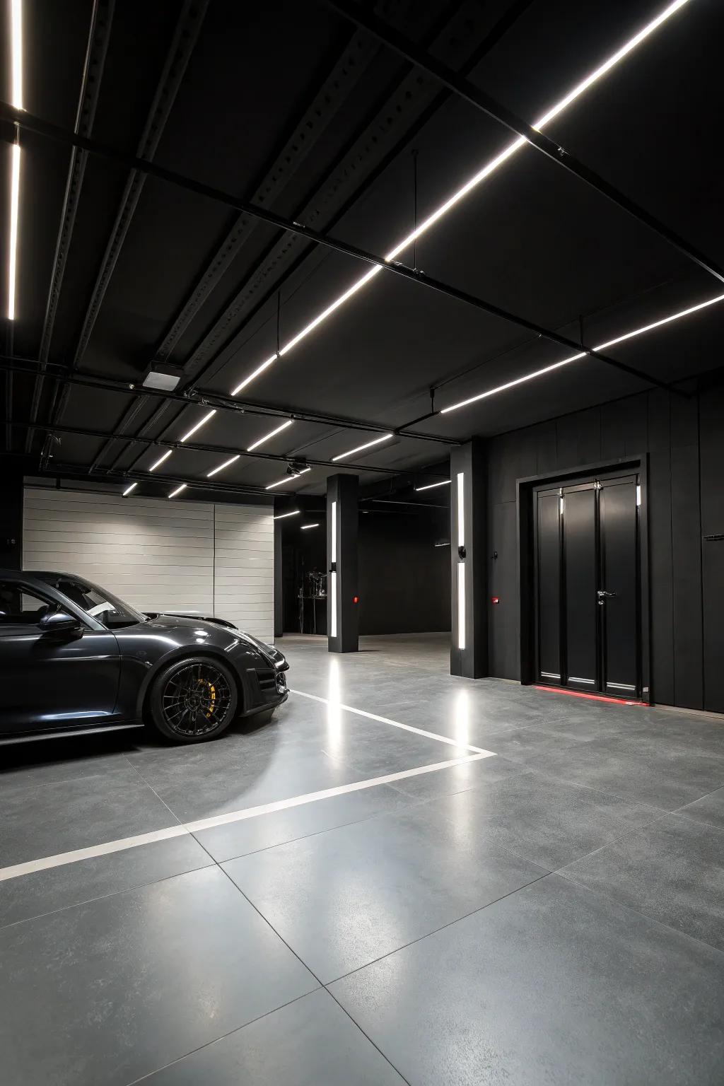 Ebony surfaces create a dramatic and contemporary garage space.