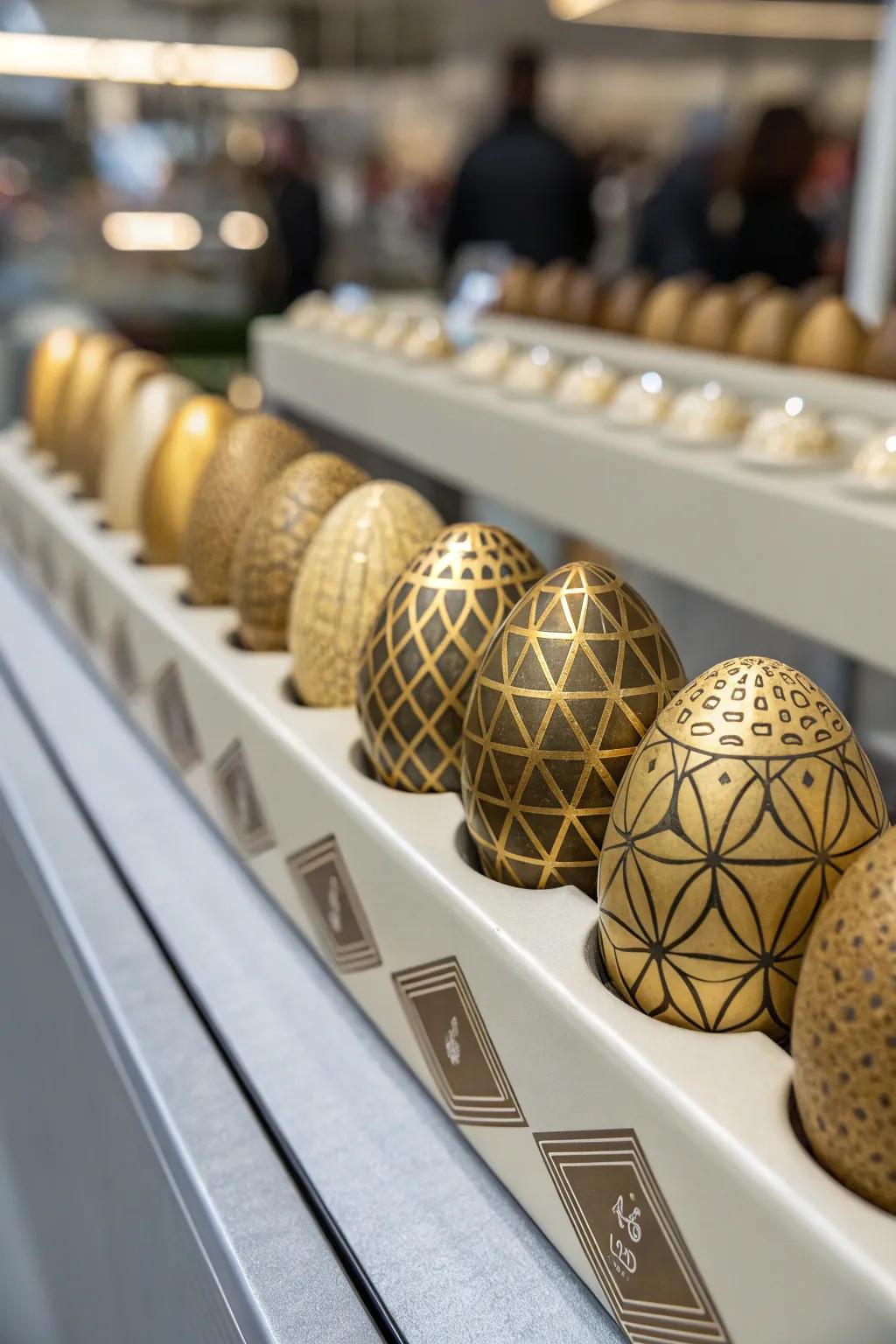 Golden eggs with geometric patterns offer a contemporary flair.