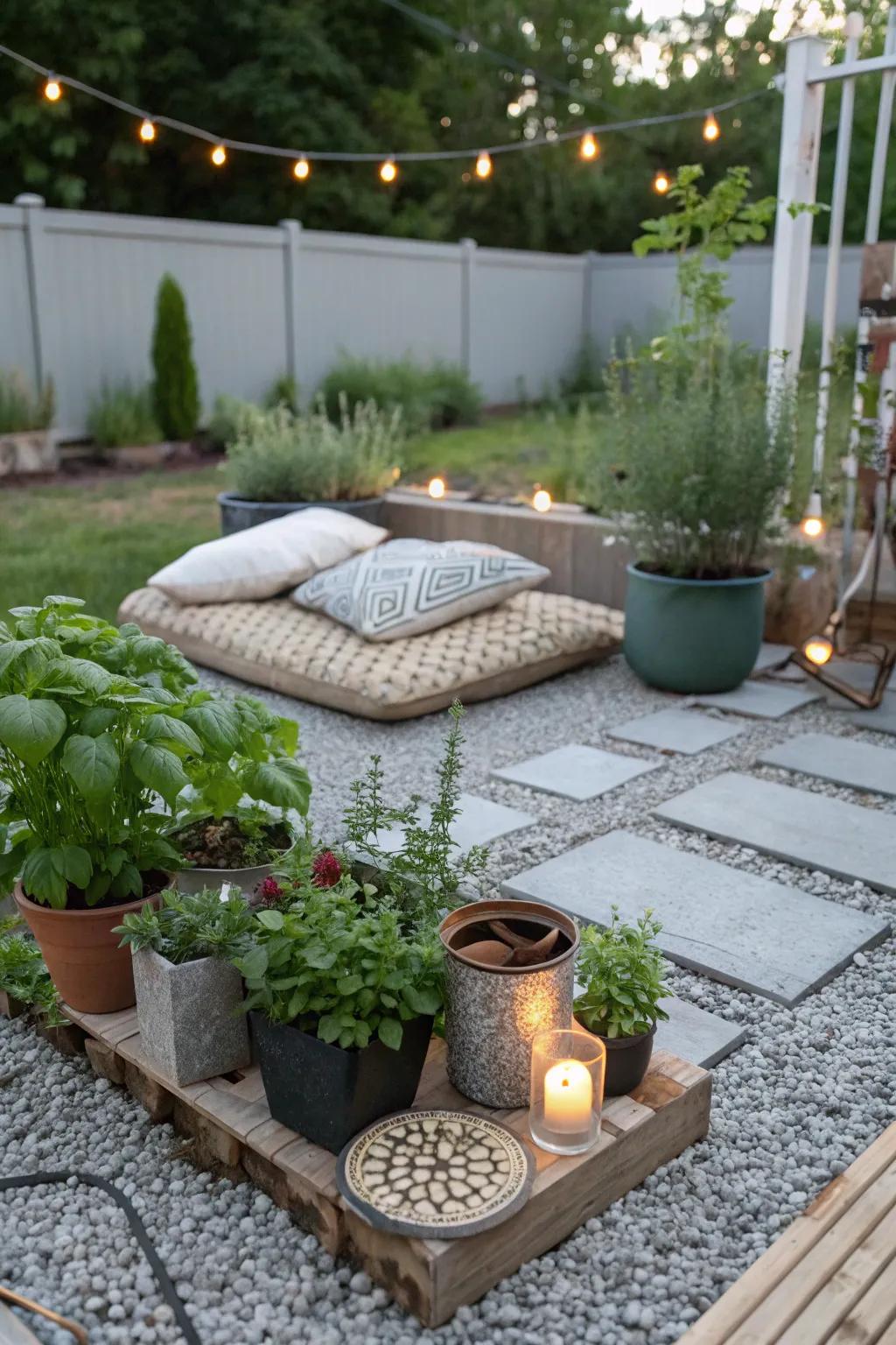 A gravel patio personalized with a themed area, adding character and charm.