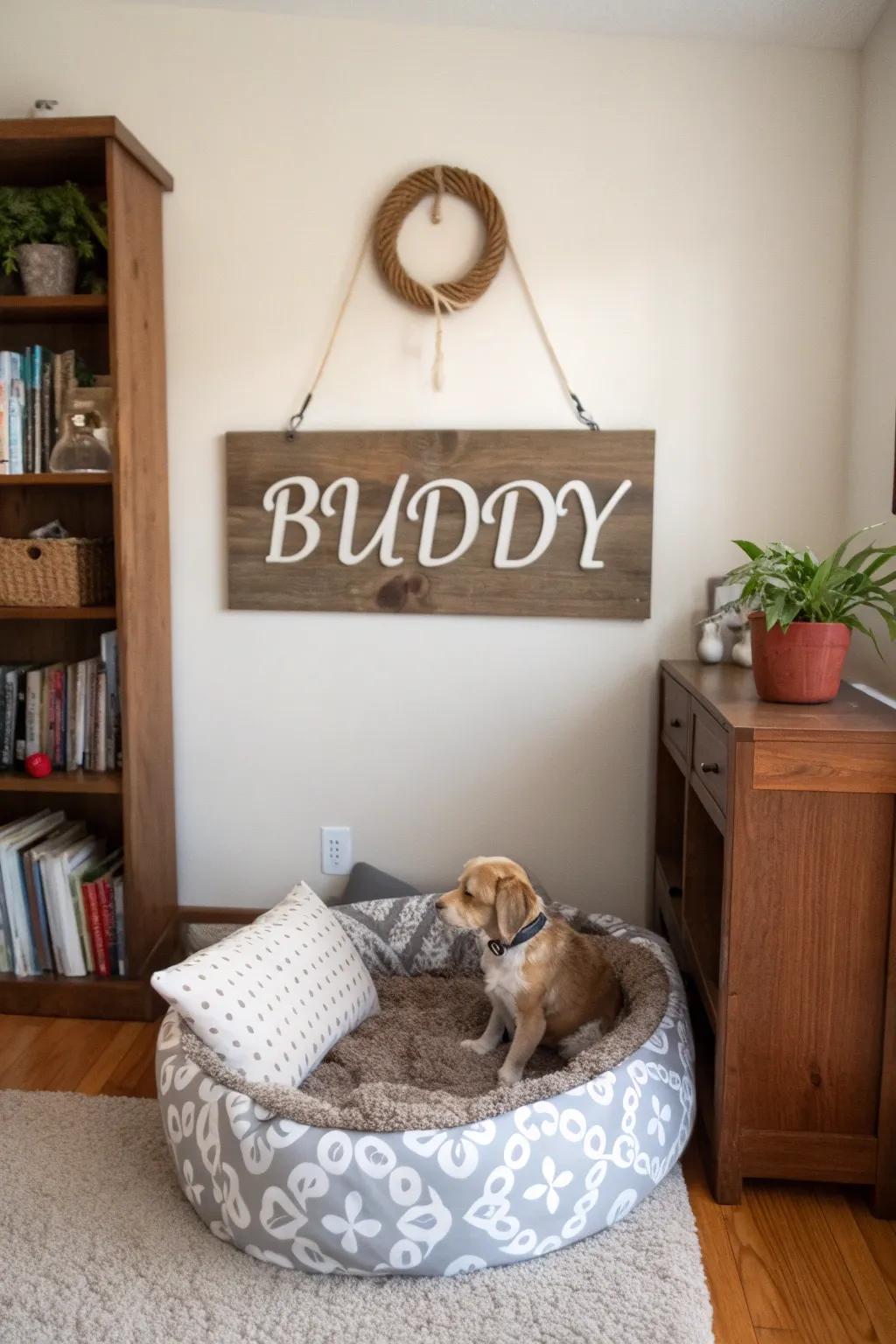 A personalized pet name sign that honors beloved pets in a cozy setting.