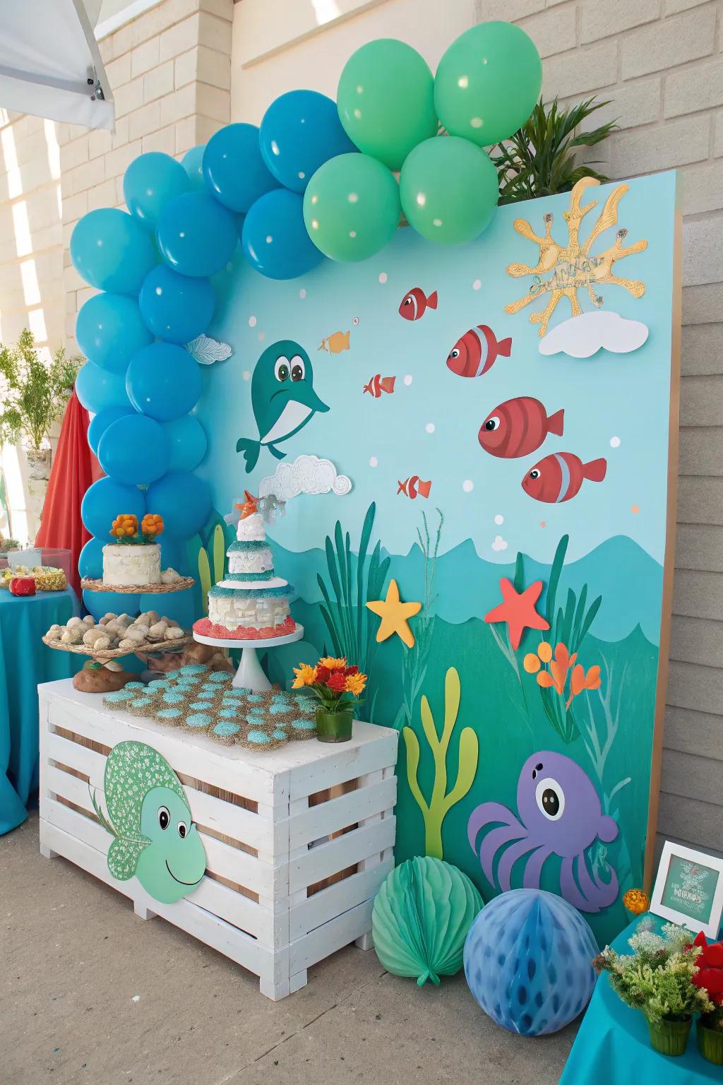 An exhilarating beneath the sea birthday display brimming with marine marvels.