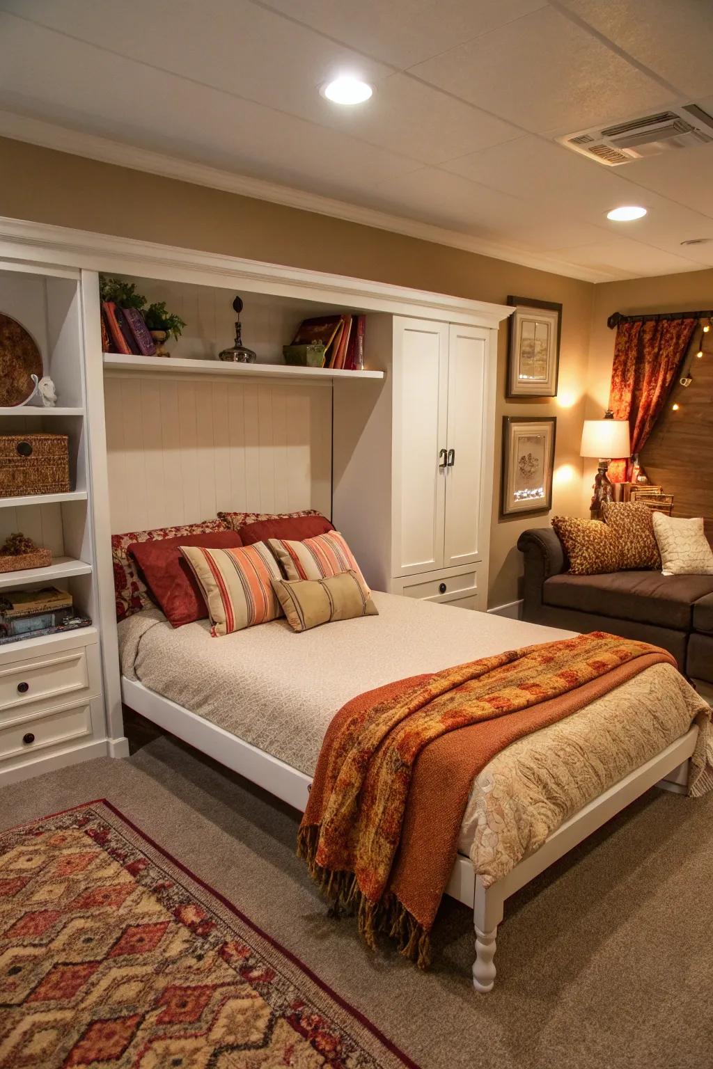 A cozy cottage-inspired room with a Murphy bed, offering a warm and inviting retreat.