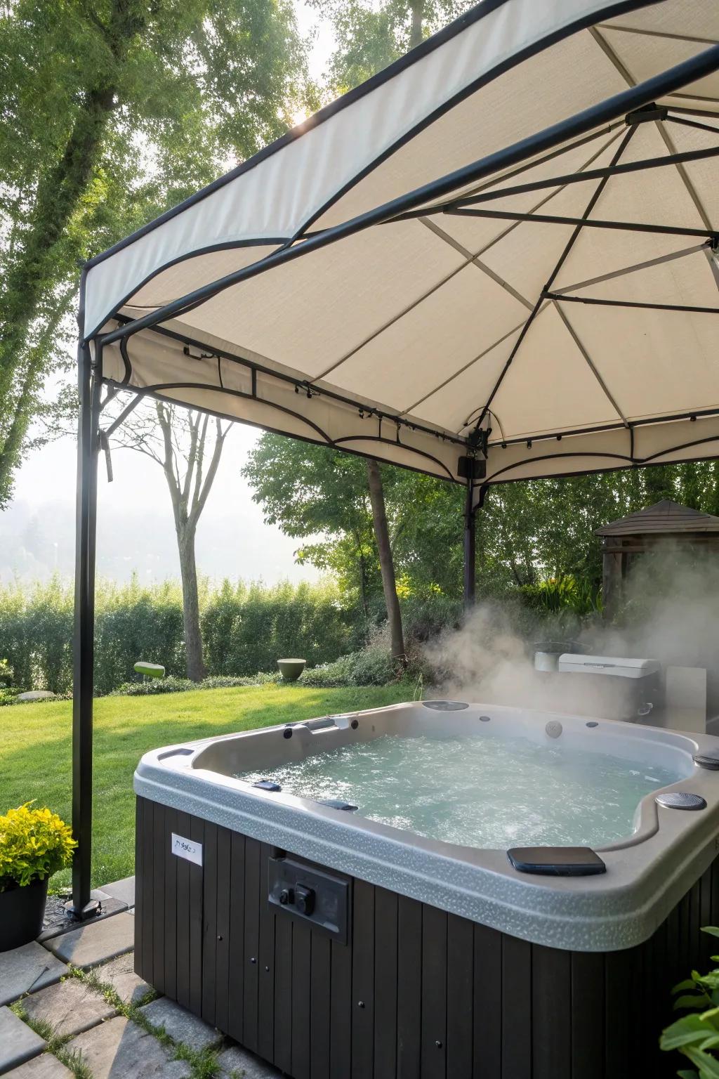 An overhead canopy provides shade and privacy from above.