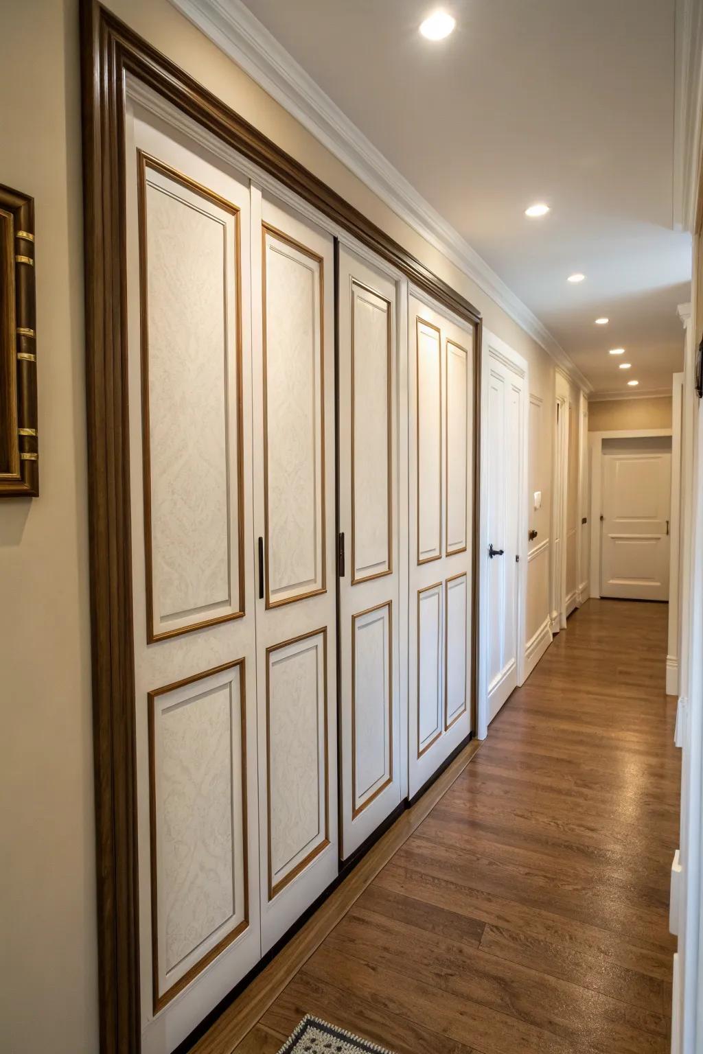 Hallway with closet doors featuring trimmed panels for a polished look.