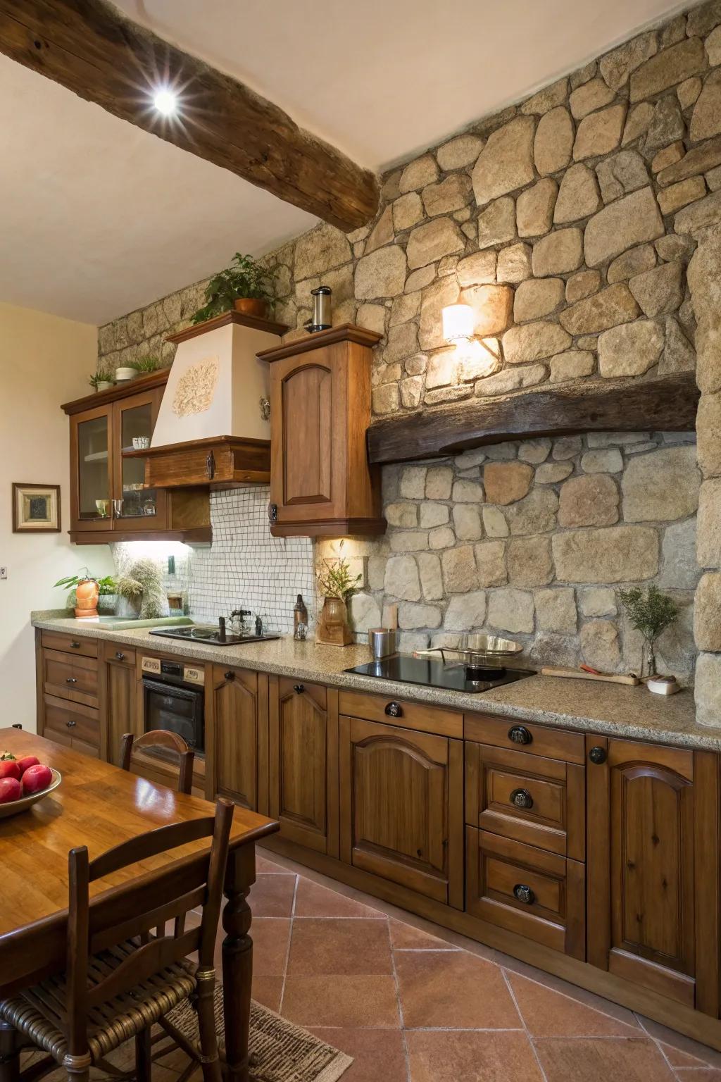 A stone backsplash enhances texture and depth.