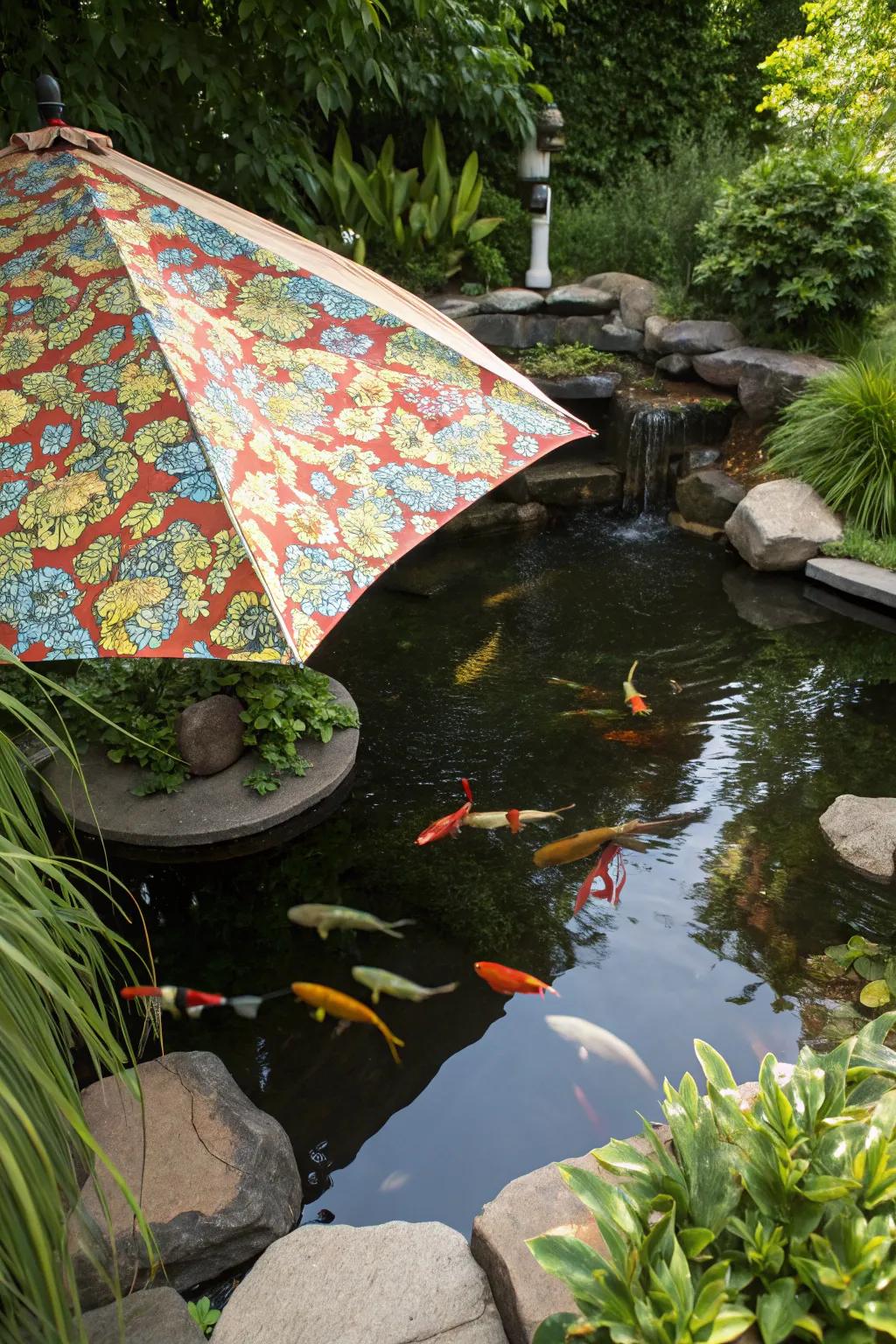 A koi pond with a custom fabric cover providing colorful shade.