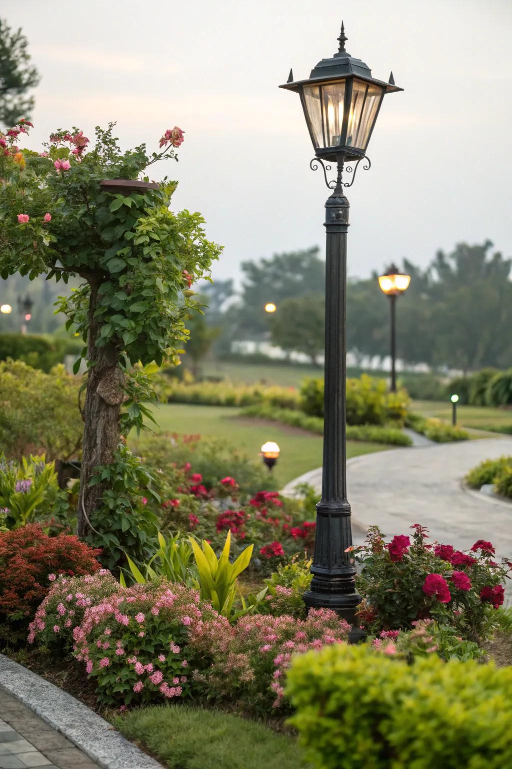 A cohesive color scheme bringing harmony to a lamp post area.