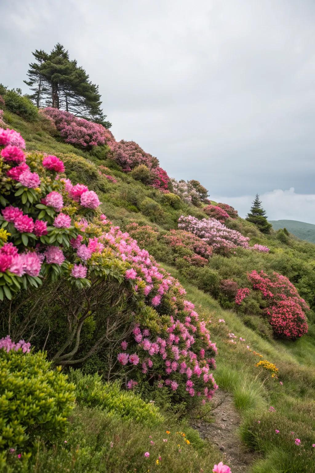 Rhododendrons providing stability and beauty on a garden slope.