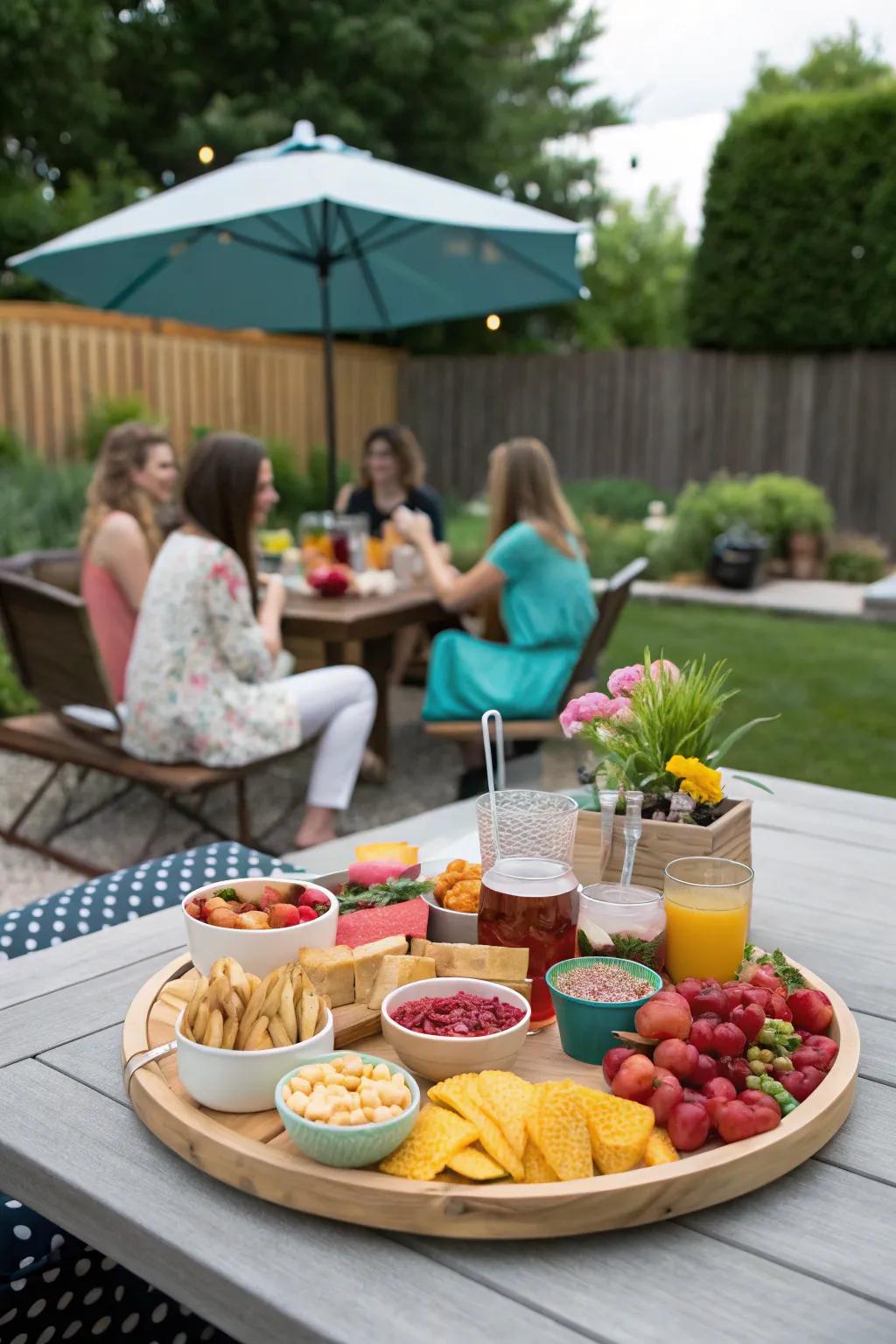 An outdoor entertaining setup with a lazy Susan.