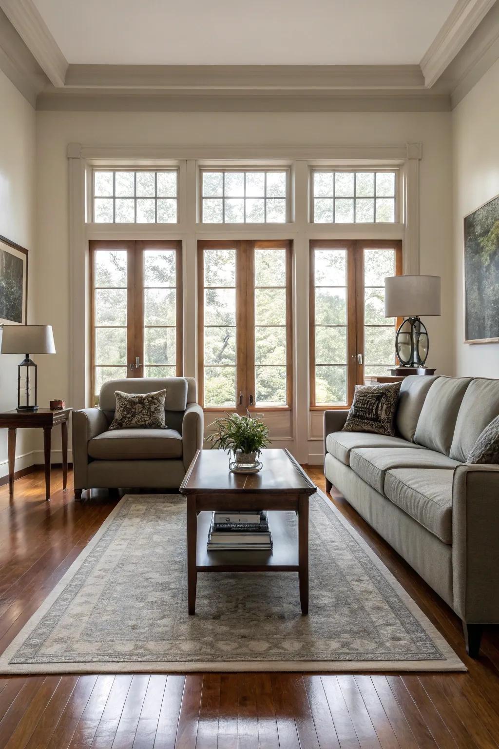 A balanced living room with symmetrical furniture arrangement.