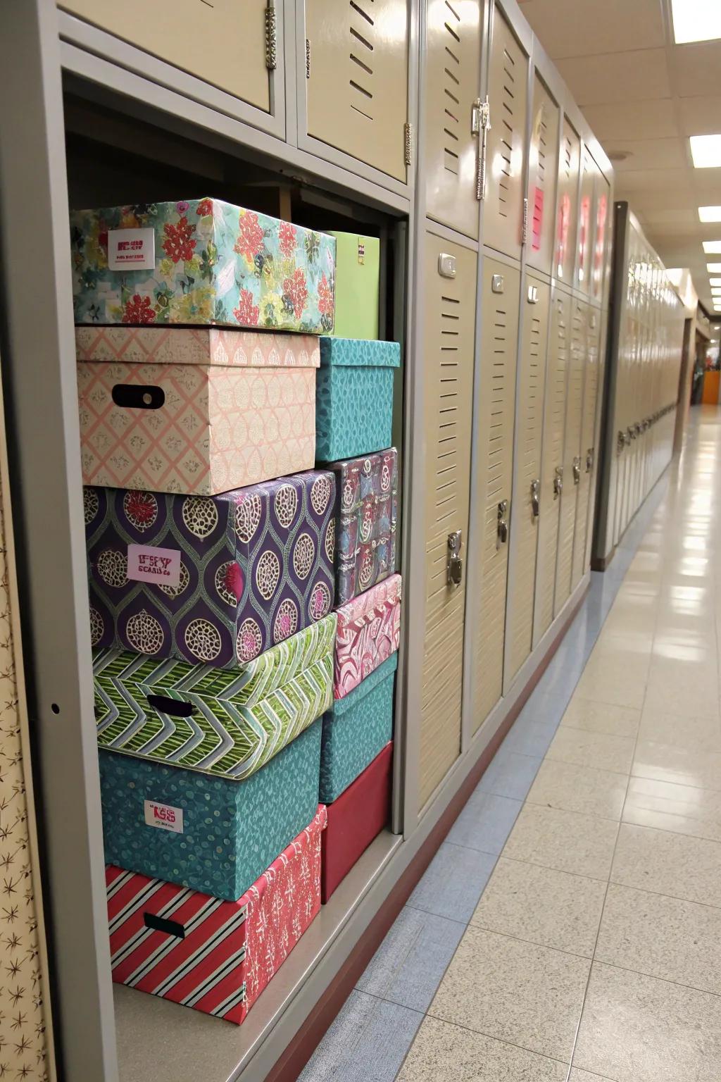 A locker using upcycled boxes as storage solutions, wrapped in decorative paper.