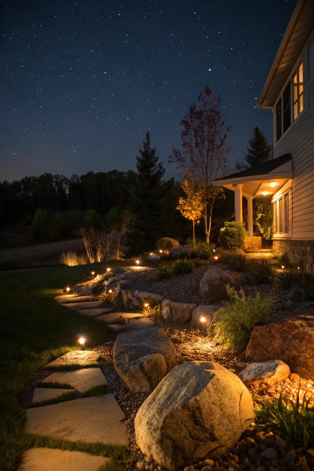 Accent lighting enhancing rock features at night.