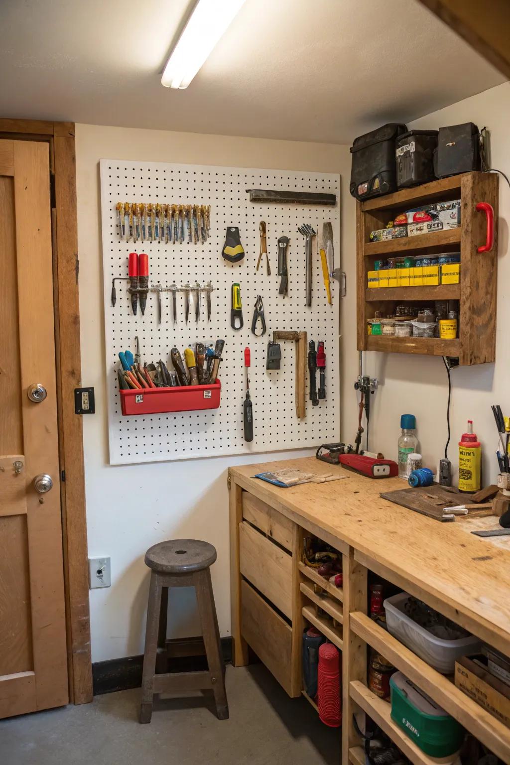 A pegboard wall is a smart and efficient storage solution.