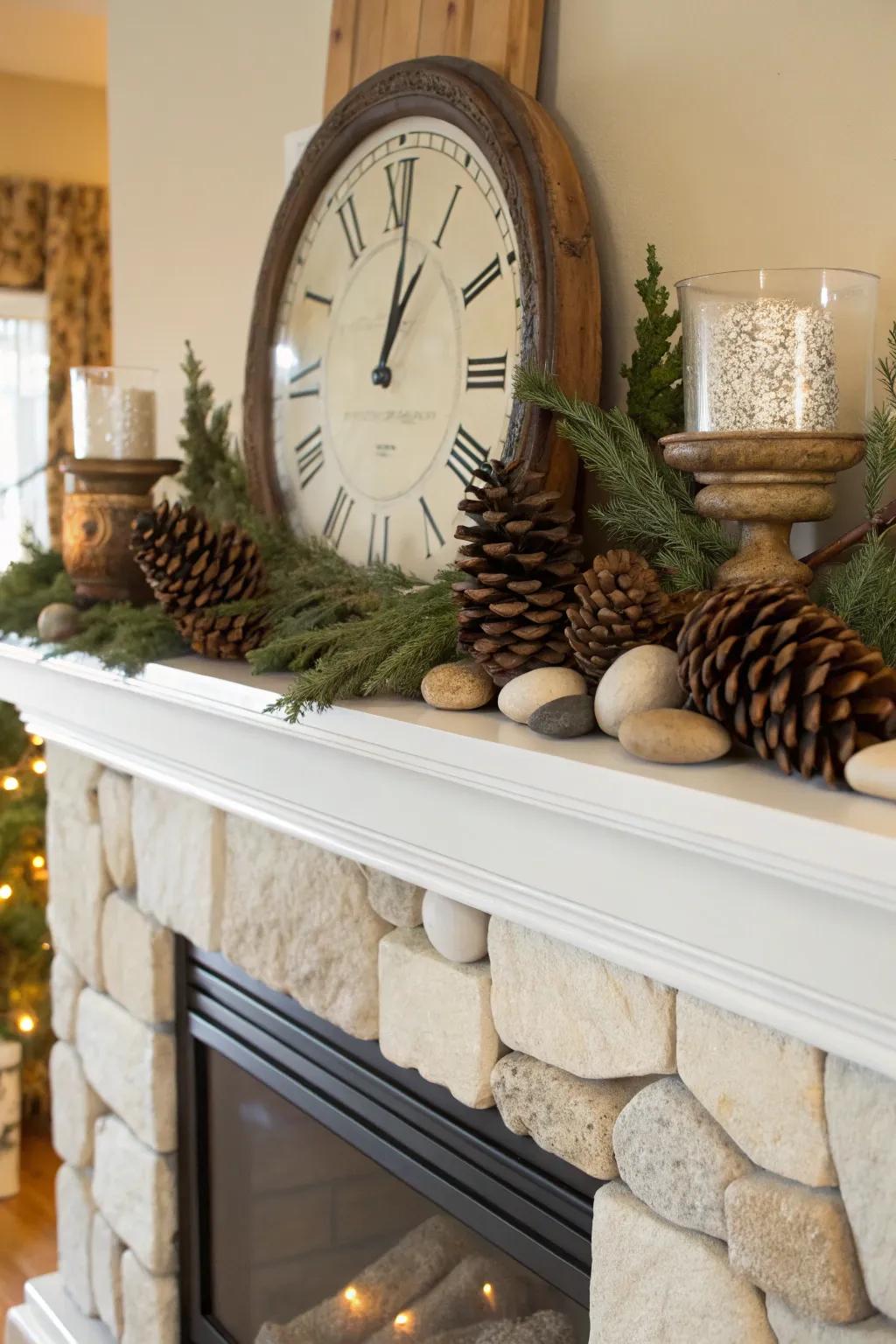 A nature-inspired mantel with a clock and earthy elements.