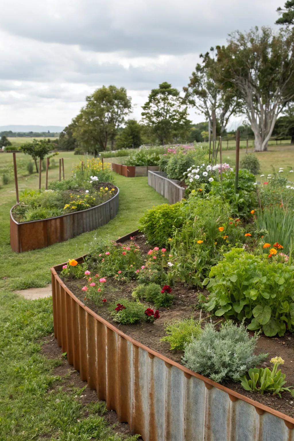 Recycled metal edging provides a sustainable garden solution.