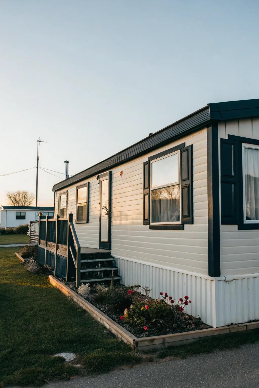 Dark window trim creating a striking contrast on a mobile home.