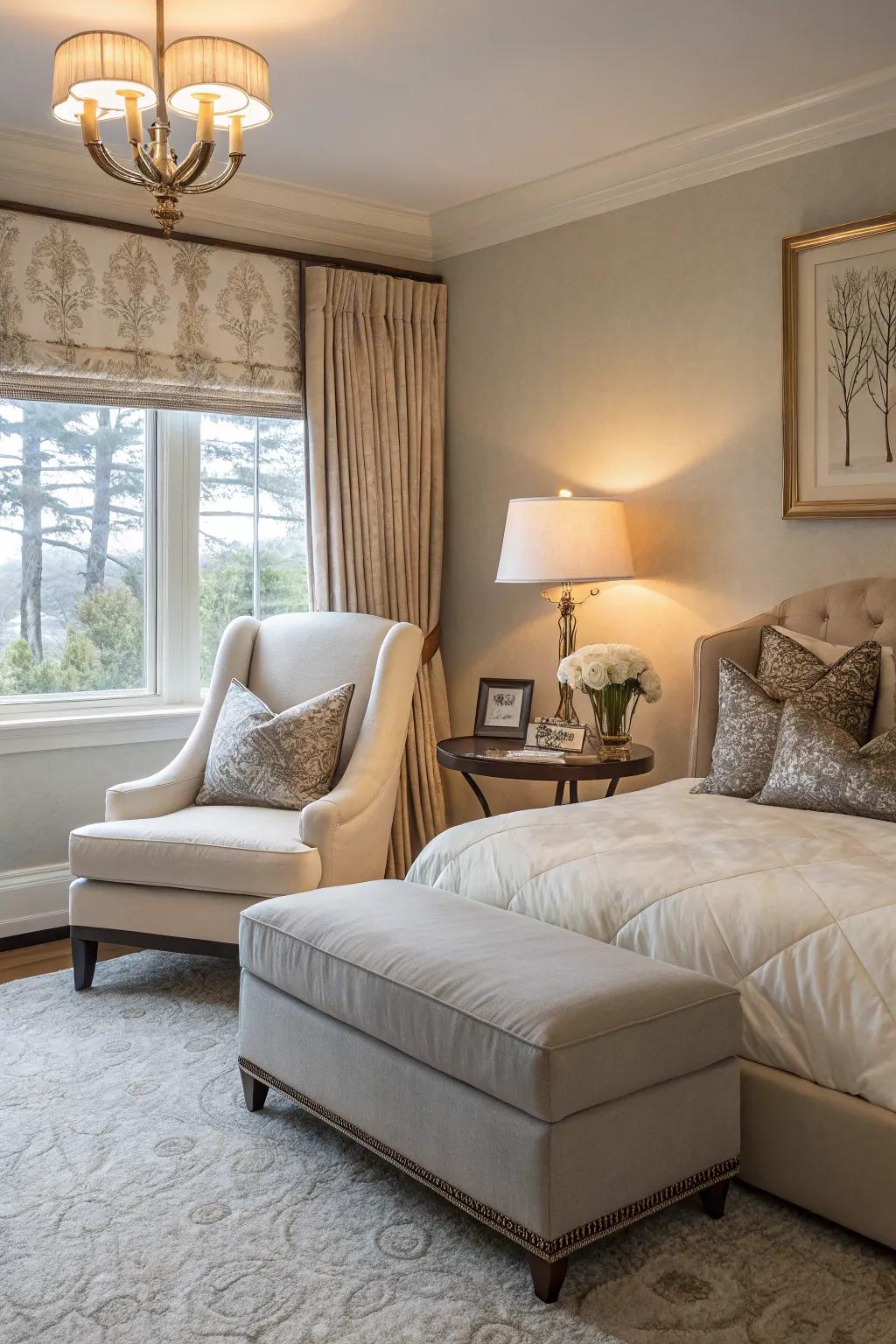 A comfortable seating area elevates the luxury of this bedroom.