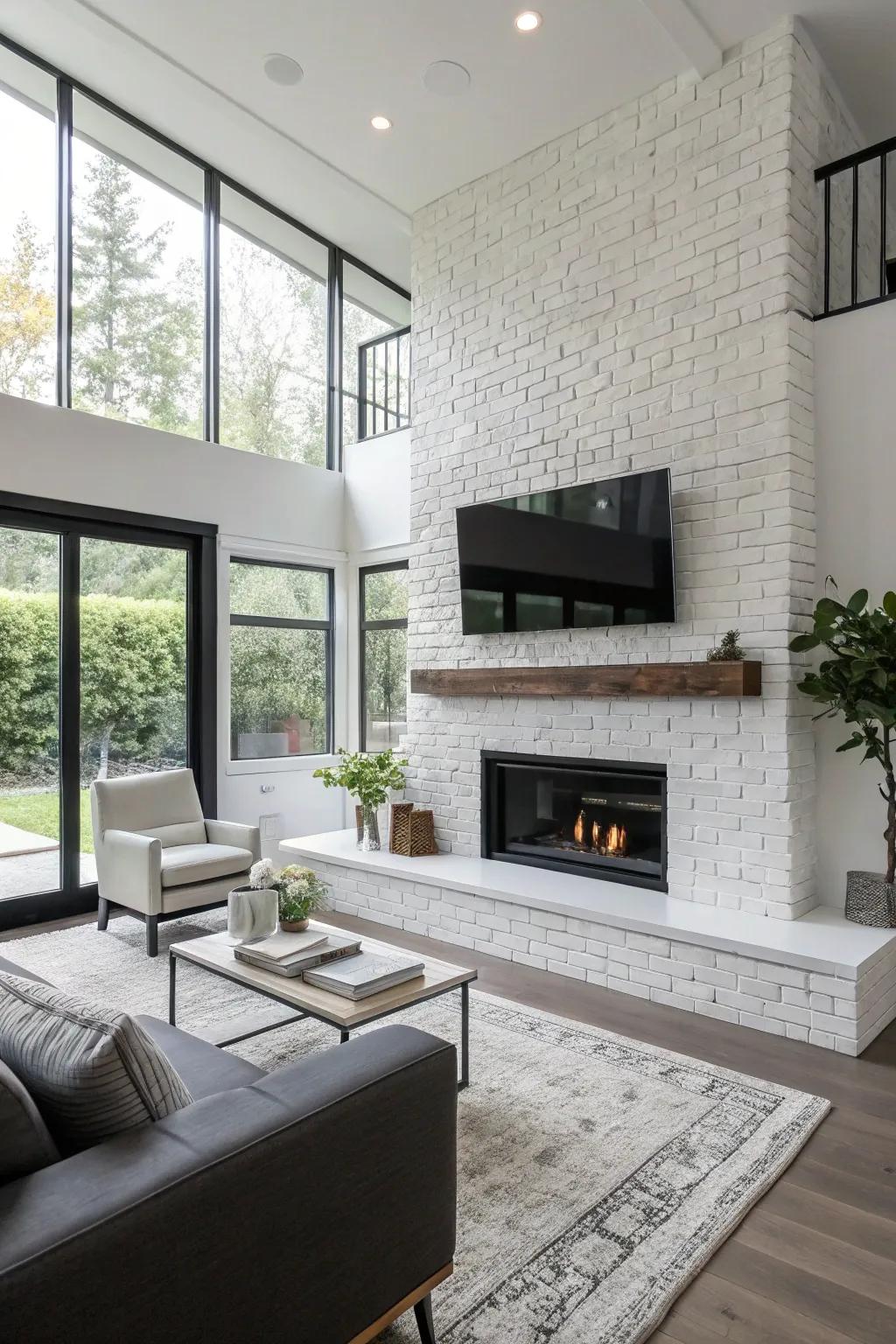 Monochrome colors create a sleek look for a painted fireplace.