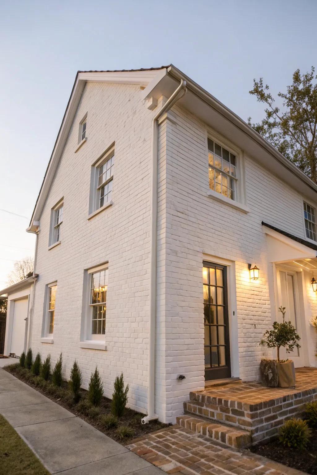 A soft, rustic charm achieved with limewashed brick on a modern white home.