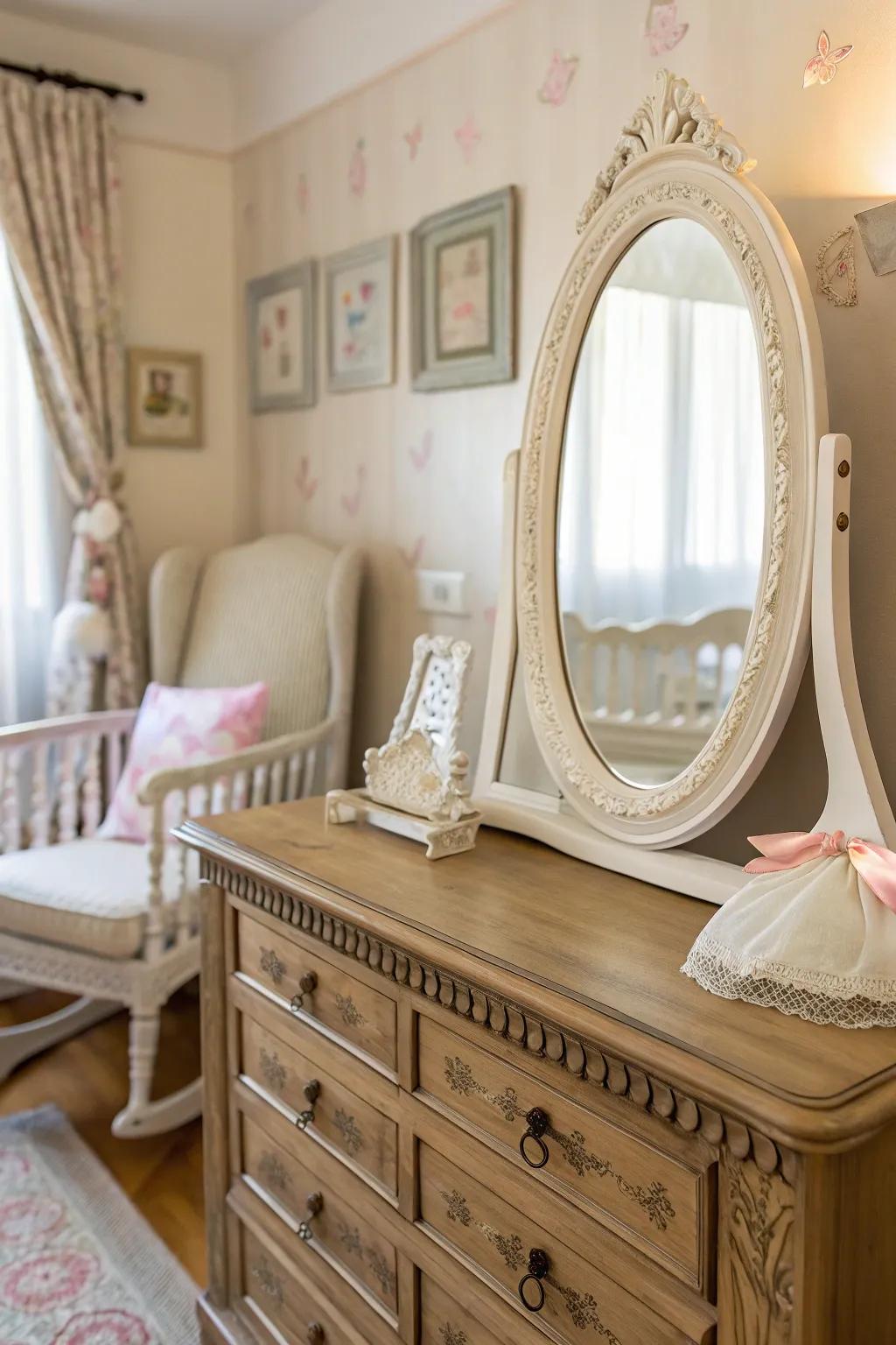 A vintage mirror contributes elegance and a sense of history to this nursery.