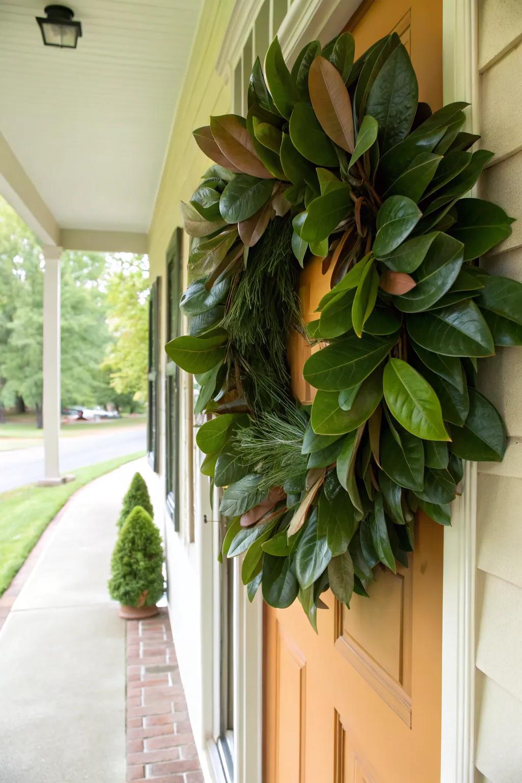 A magnolia leaf wreath adds elegance and timeless beauty.