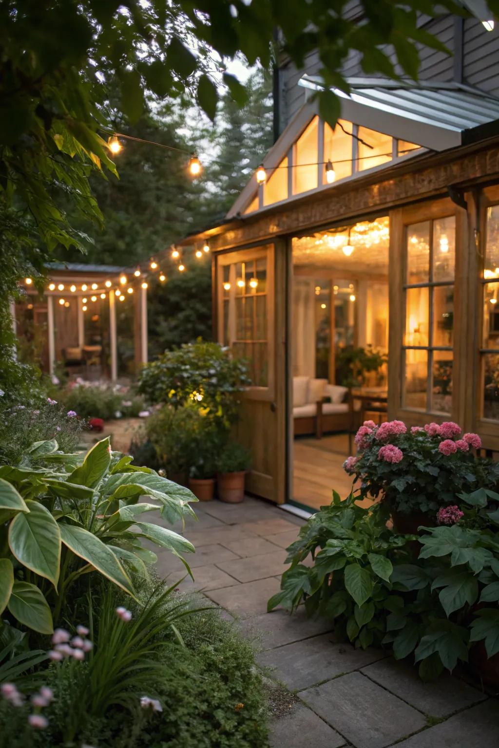 Ambient lighting enhancing the mood of a garden room.