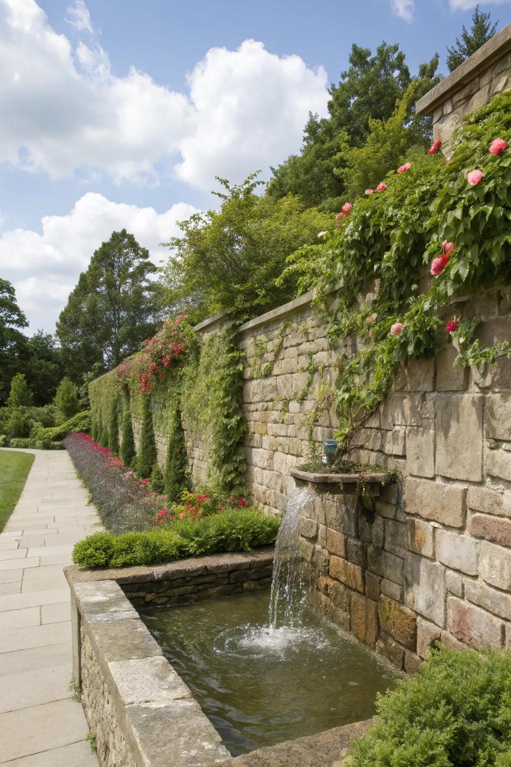 Water features paired with stone walls enhance tranquility.