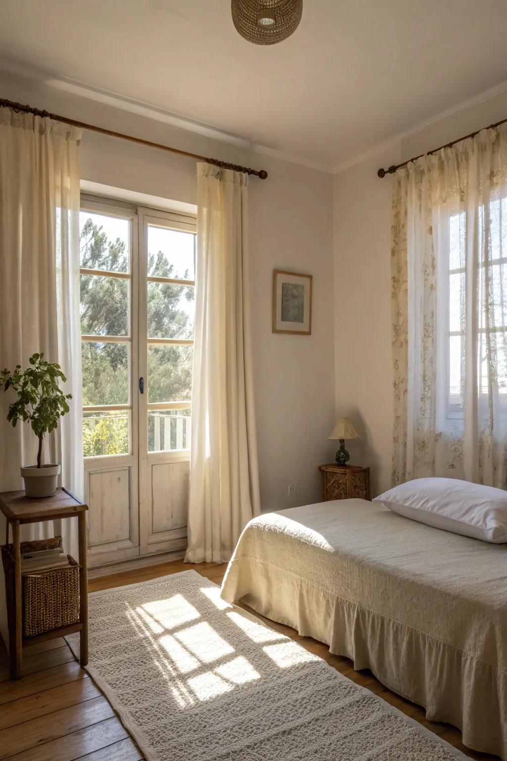 Maximizing natural light with light colors can open up your small bedroom.