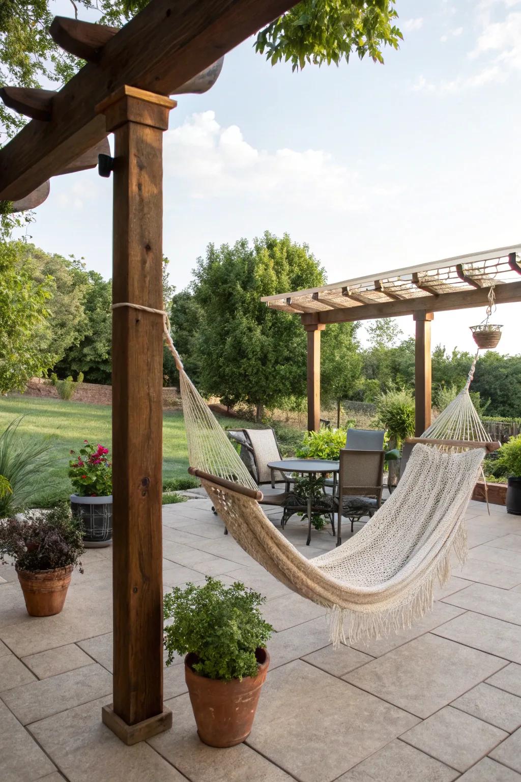 A hammock offers a perfect spot for relaxation on your patio.