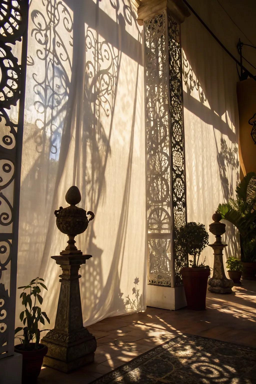 Artful shadow patterns fashioned by light through decor components.