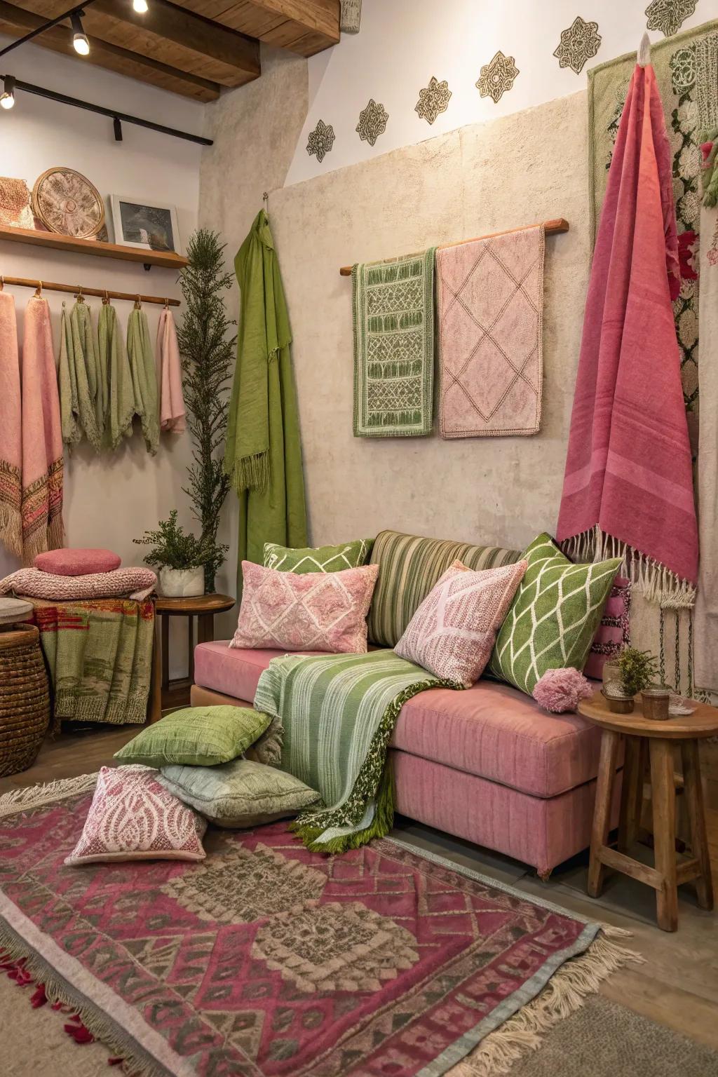 Varied fabrics in pink and green add warmth and personality.