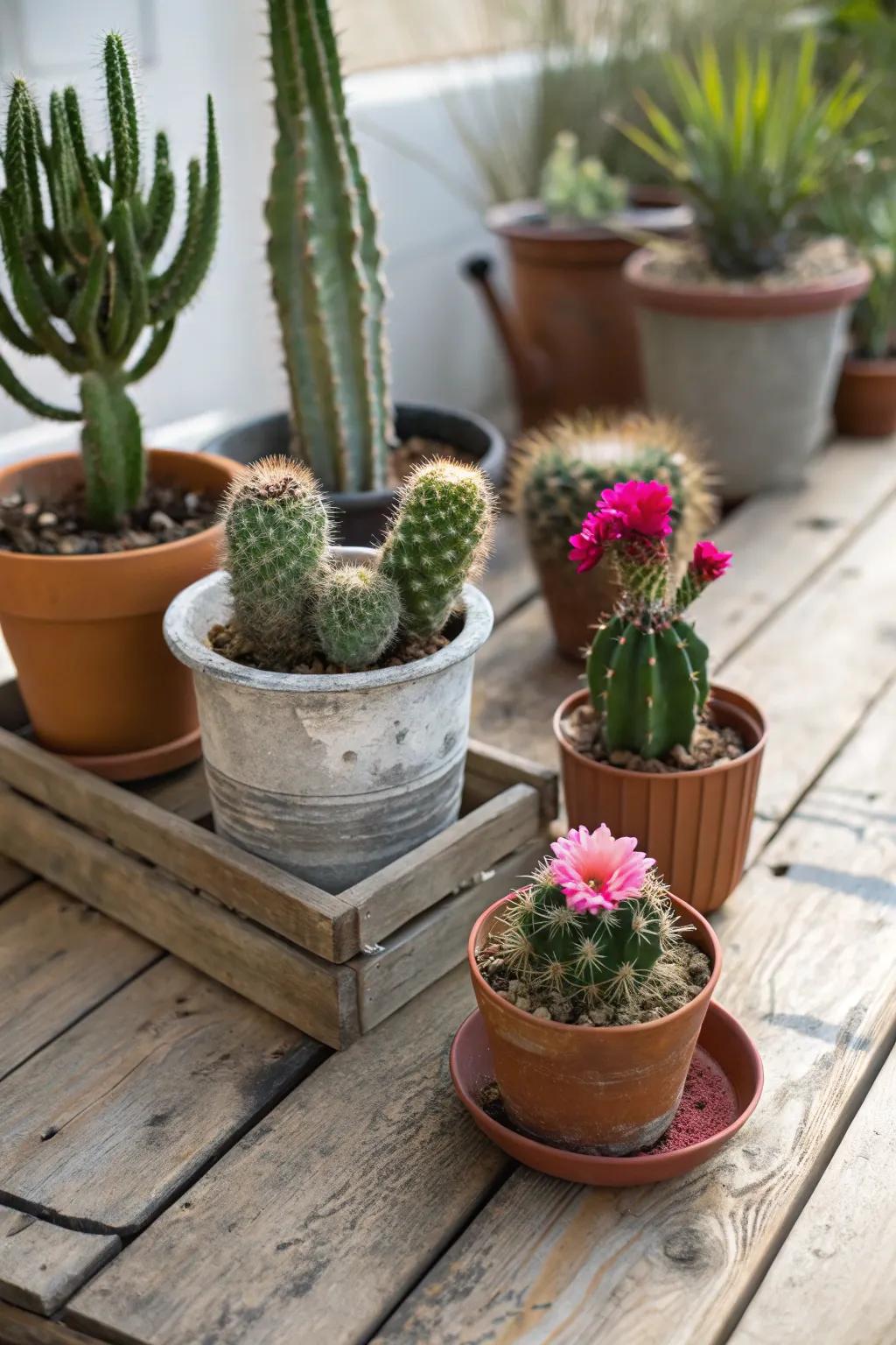 A diversified cacti assortment, optimally positioned for injecting a nuance of the arid landscape into a mother's aesthetic.