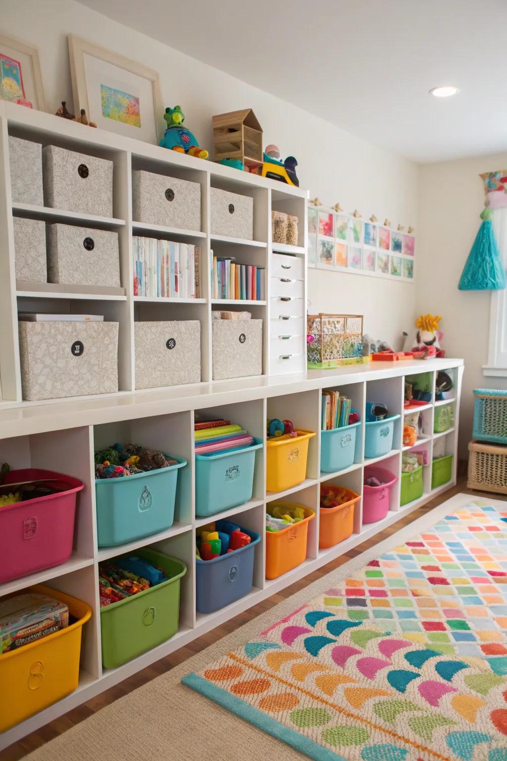 DIY storage solutions in a playroom, crafted from upcycled materials.