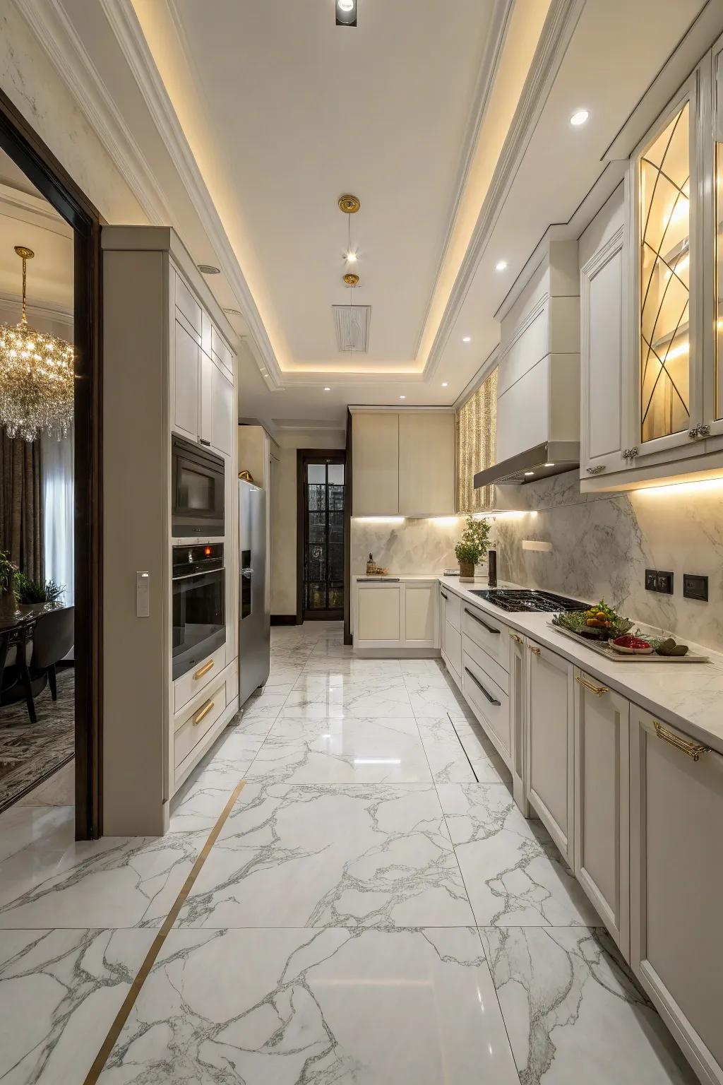 Marble patterns add elegance and luxury to kitchen spaces.