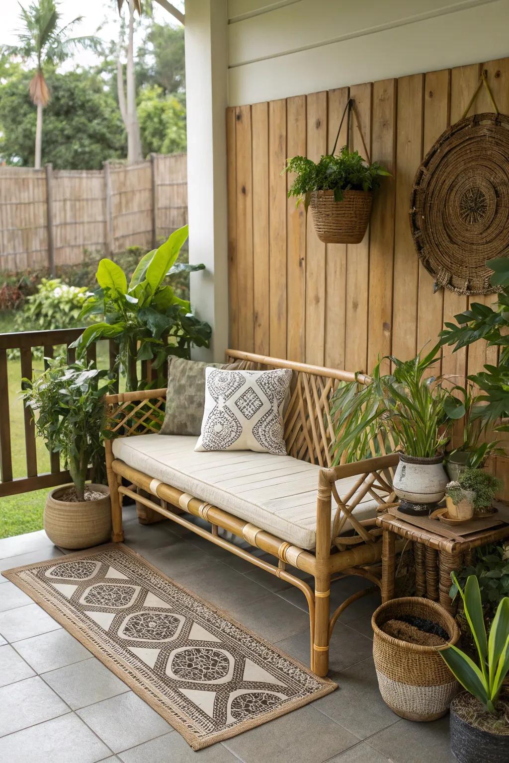 A bamboo bench combines style with sustainability on the porch.