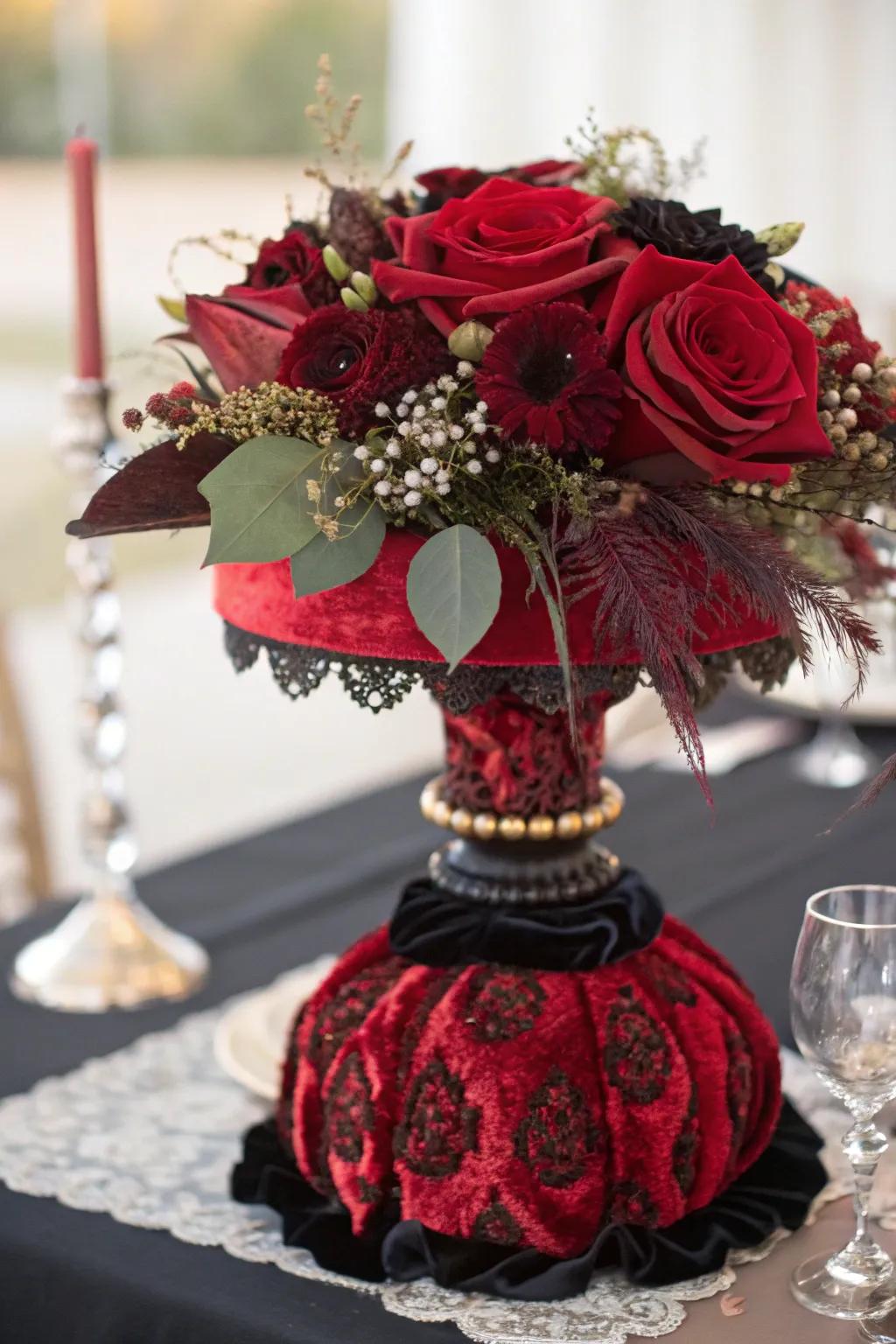 A rich centerpiece combining velvet and lace in red and black for elegance.