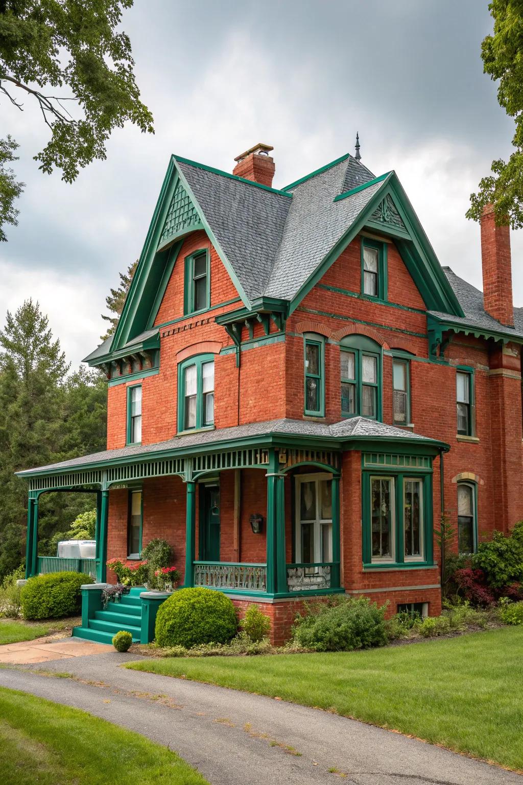 Jade trim adds a touch of glamour to red brick homes.