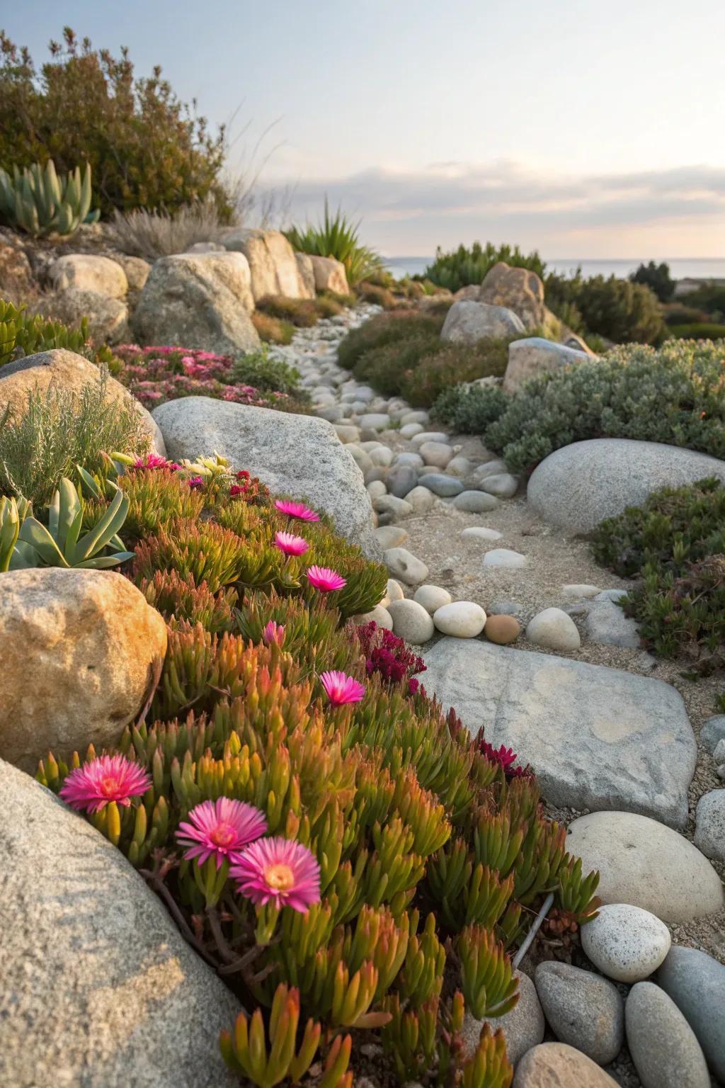 Ice plants add vibrant, low-maintenance blooms to a rock garden.