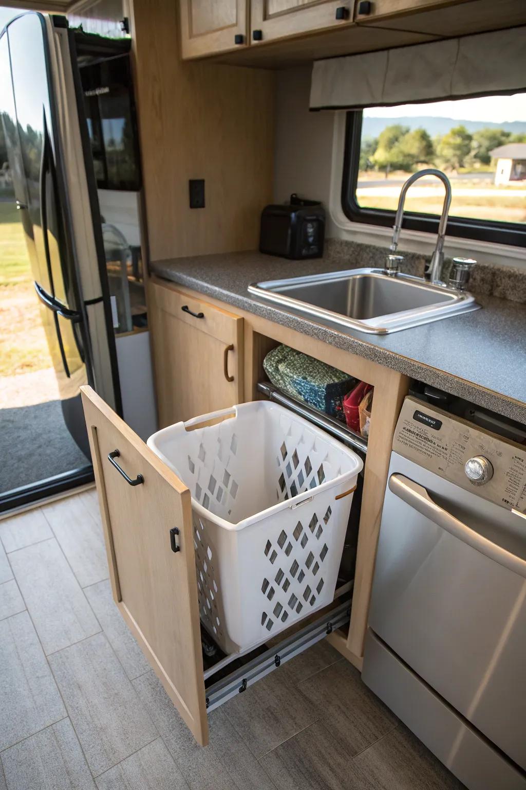 A sliding hamper drawer for discreet clothes storage in an RV.