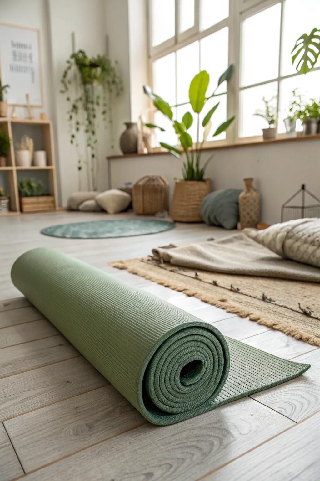 A sage green yoga mat invites peace and focus to your practice.