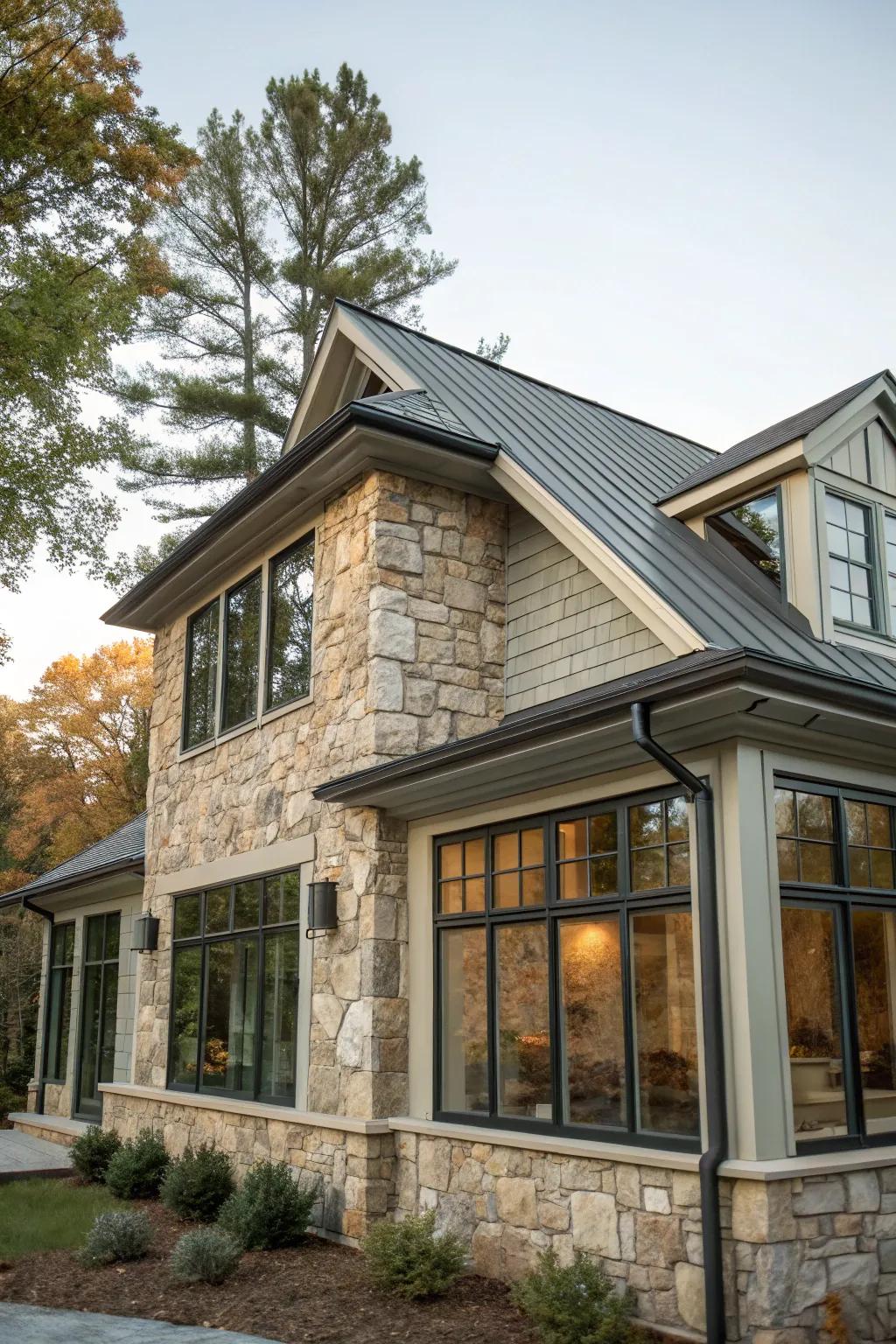 Home with a texturally contrasted shed dormer.