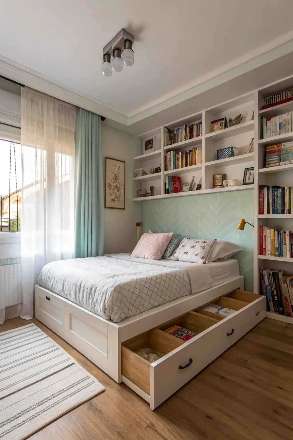 Under-bed shelves for hidden storage.