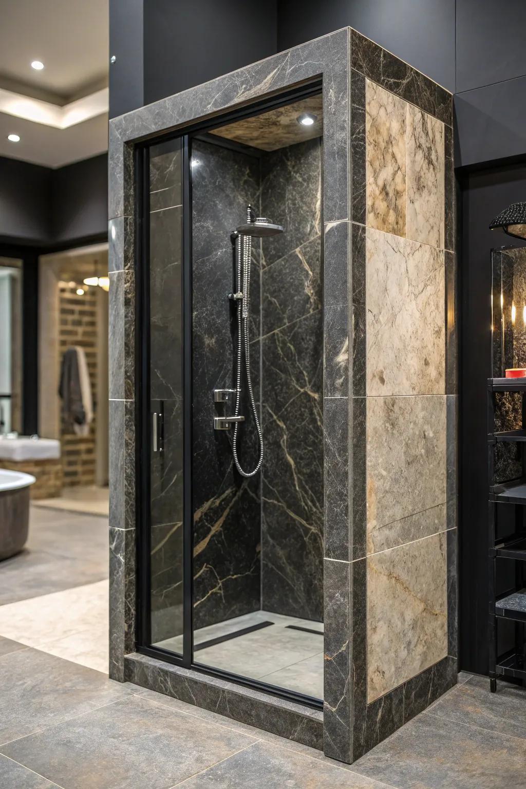 A shower stall with a striking stone frame that commands attention.