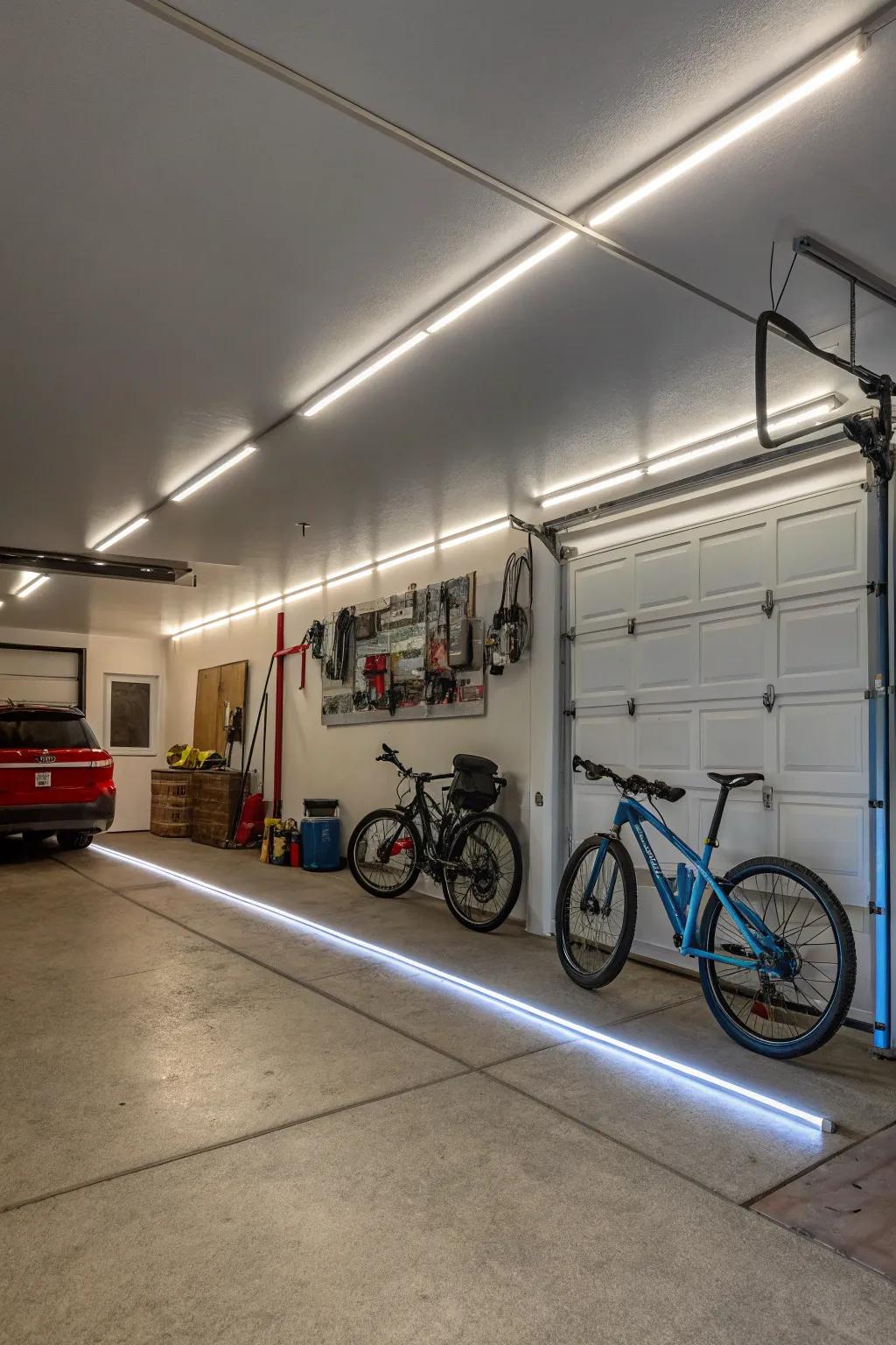 LED strips introduce a modern element to the garage.