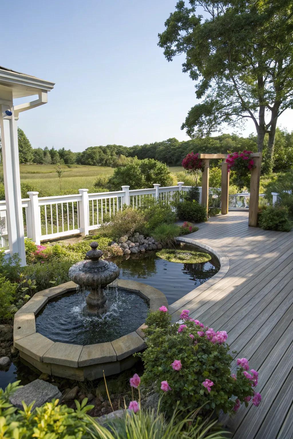 A small water feature brings a sense of tranquility to the deck.