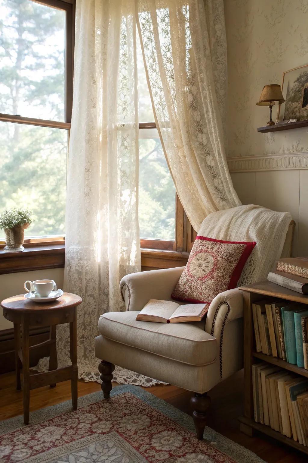 Vintage lace treatments introduce a nuance of allure to this intimate reading alcove.