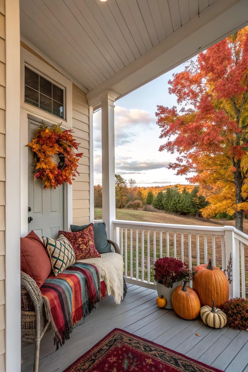 Seasonal decor keeps a small porch fresh and inviting year-round.