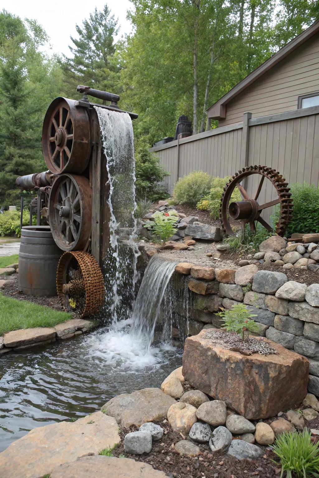 A repurposed metal waterfall adds industrial chic to your garden.